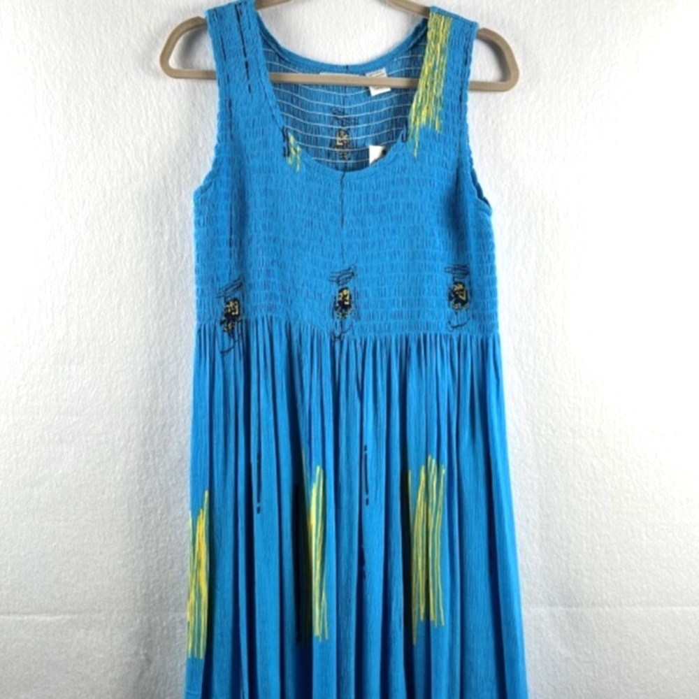NEW Vasna Turquoise Smocked Dress Elephant Theme Size Medium Boho Beachy